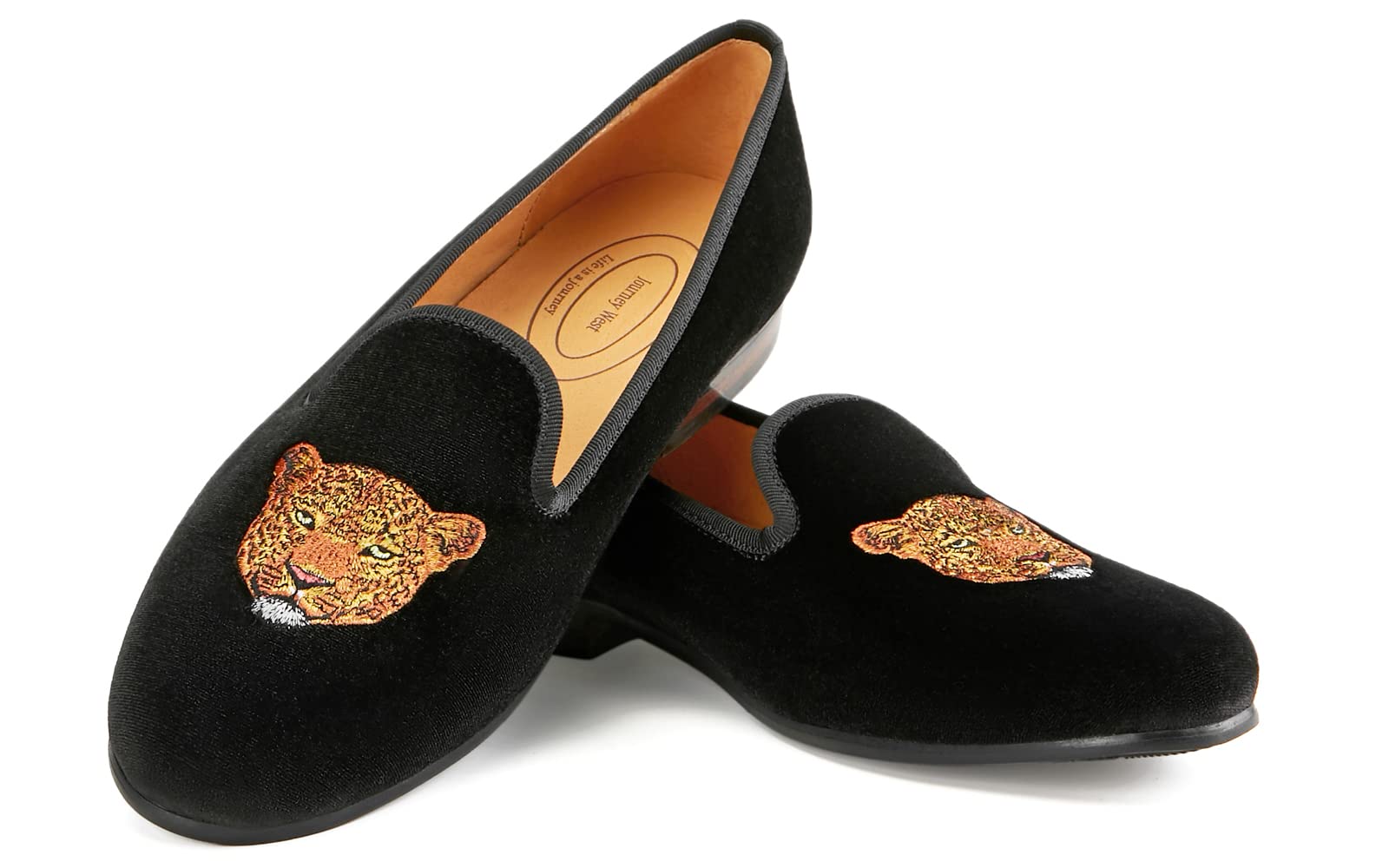 Journey West Men's Velvet Loafers Embroidery Slip-On Loafers Tuxedo Dress Shoes Smoking Slippers for Men Leopard Black 12