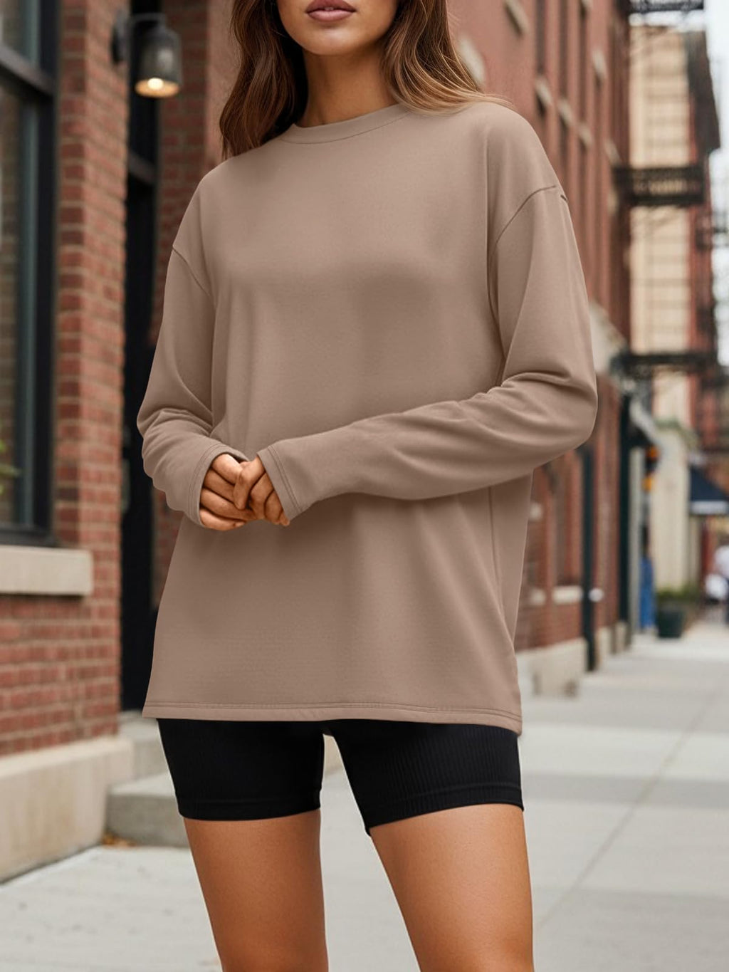 Trendy Queen Womens Oversized Long Sleeve T Shirts 2026 Basic Crewneck Tee Fall Tops Casual Workout Y2K Clothes Khaki L