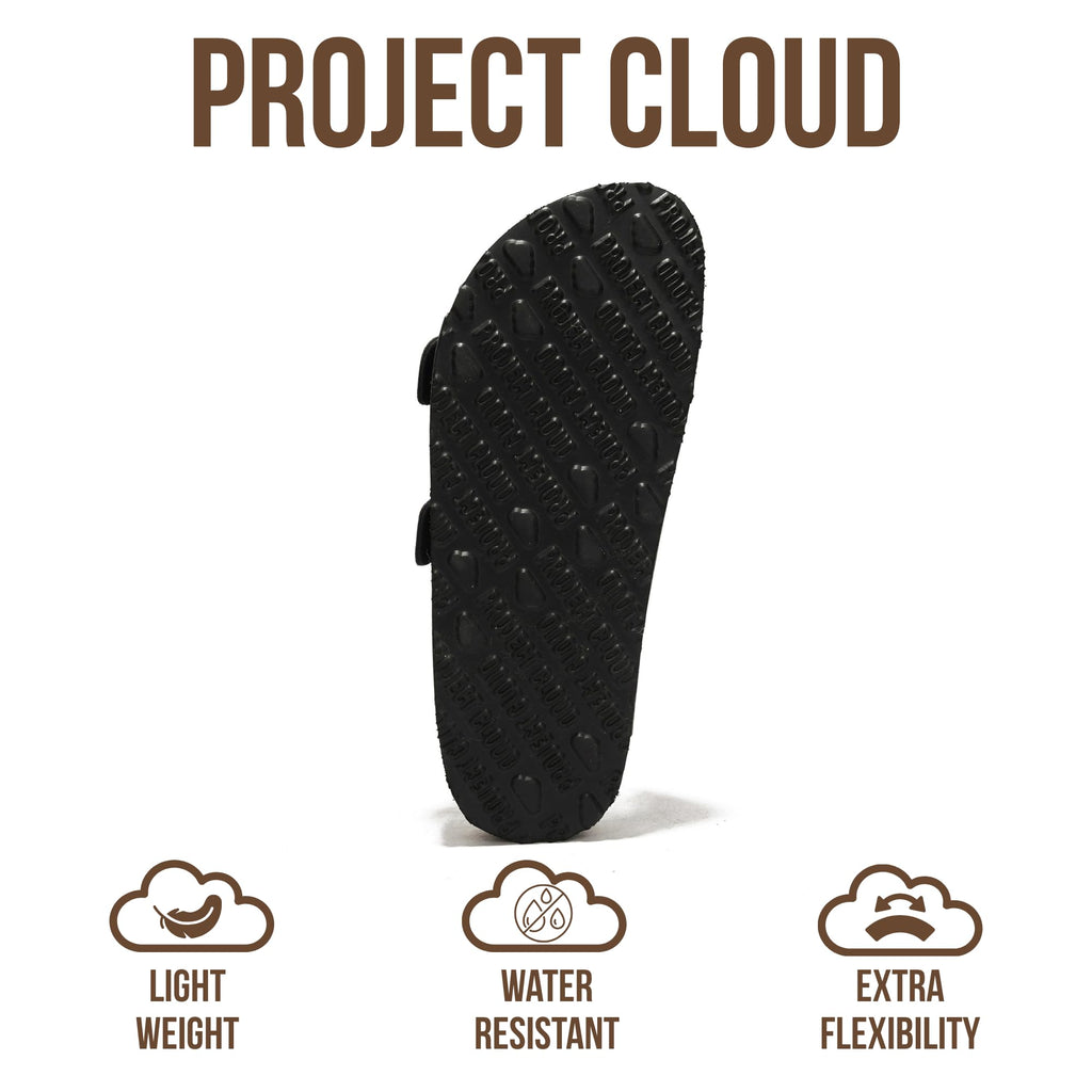 Project Cloud 100% Genuine Leather Flat Sandals For Women 2026 Cork Footbed Womens Sandals with Memory Foam and arch support Vacation Essentials Slides for Women Footwear (VenitaWD,BLK,9)