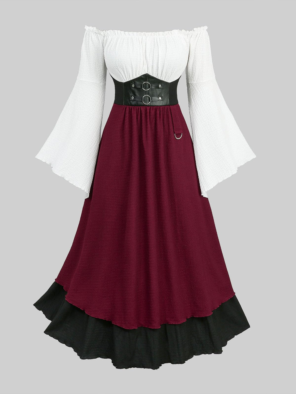 ROSE GAL Plus Size Women Renaissance Ren Faire Costume Off Shoulder Colorblock Textured Long Bell Sleeve Layered Maxi Medieval Dress(Red/L)