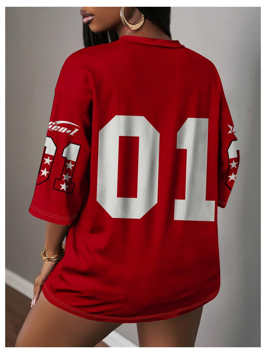 WDIRARA Women's Oversized Jersey Shirts Number Graphic Tee V Neck Half Sleeve T-Shirt Tops Red X-Large