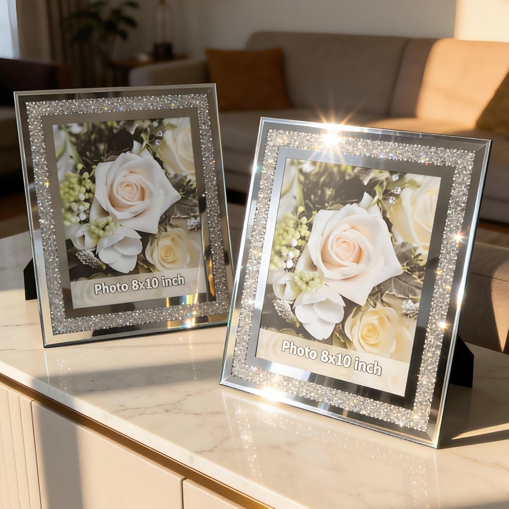 Crushed Diamond Wedding Mirror Photo Frame, Crystal Silver Glass Picture Frame For Photograph Size 8x10 inch, Pack of 2 Pieces, table top Stand frame & Wall Frame. Bling Sparkle Crushed Diamond Home