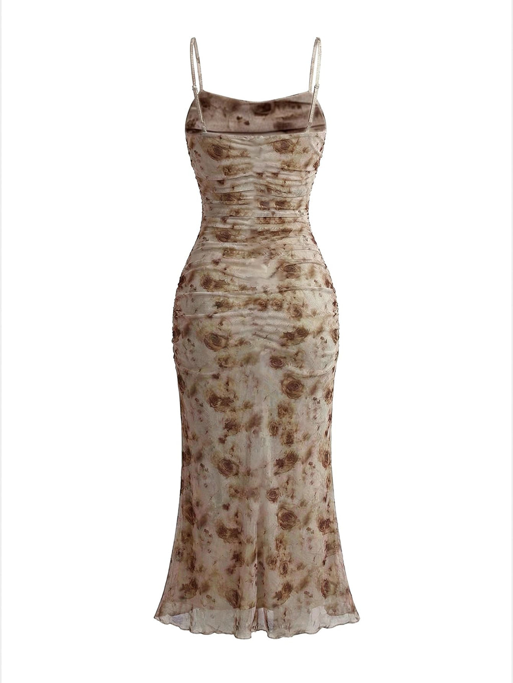 GORGLITTER Women's Floral Ruched Bodycon Midi Dress Mesh Sleeveless Fishtail Cami Dresses Khaki Small