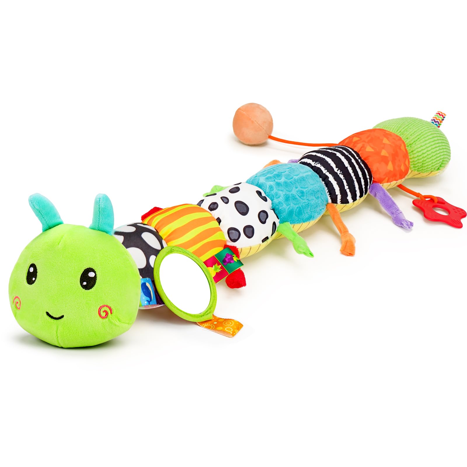 Baby Sensory Toy 0-6 Month Music Animal Stuffed Plush Caterpillar Toy for Infant 0-3-6-12 Month Old Tummy Time with Baby Mirror Crinkle Rattle Carseat Toys for Newborn Boys Girl Shower Gifts