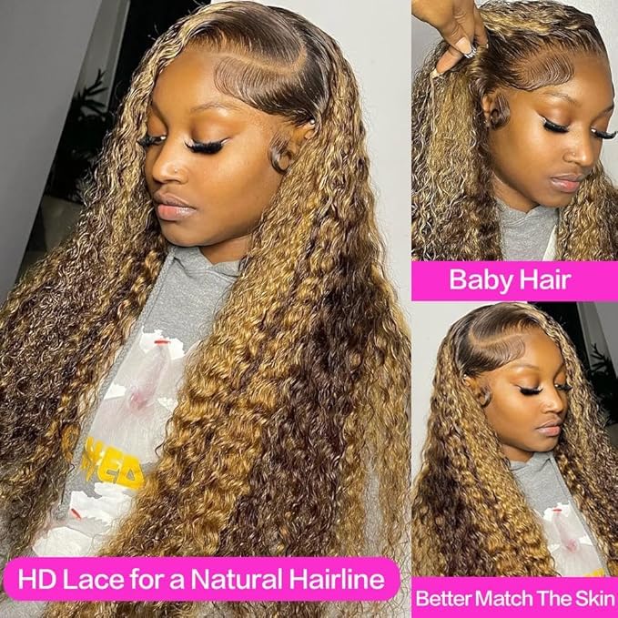 Tylokra 30inch Highlight Ombre Lace Front Wig Human Hair 13x6 HD Honey Blonde 4/27 Deep Wave Lace Frontal Wigs Glueless Wigs Human Hair
