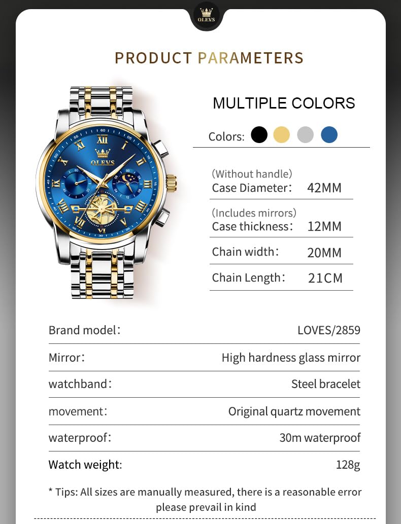 OLEVS Watch Men Original Watches for Mens Luxury Dress Business Fashion Waterproof Watch Water Resistant Roman Numbers Chronograph Stainless Steel Metal Adjustable Large Blue Faces Casual Analog Watches