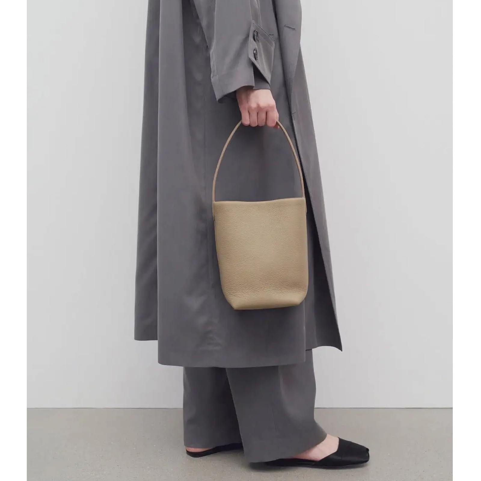 Genuine Leather Bucket Bag with Credit Card Holder Wallet, First Layer Pebble-grained Calfskin Tote Bag, Leather Handbag with Cotton Insert Pocket (Gray, Medium)