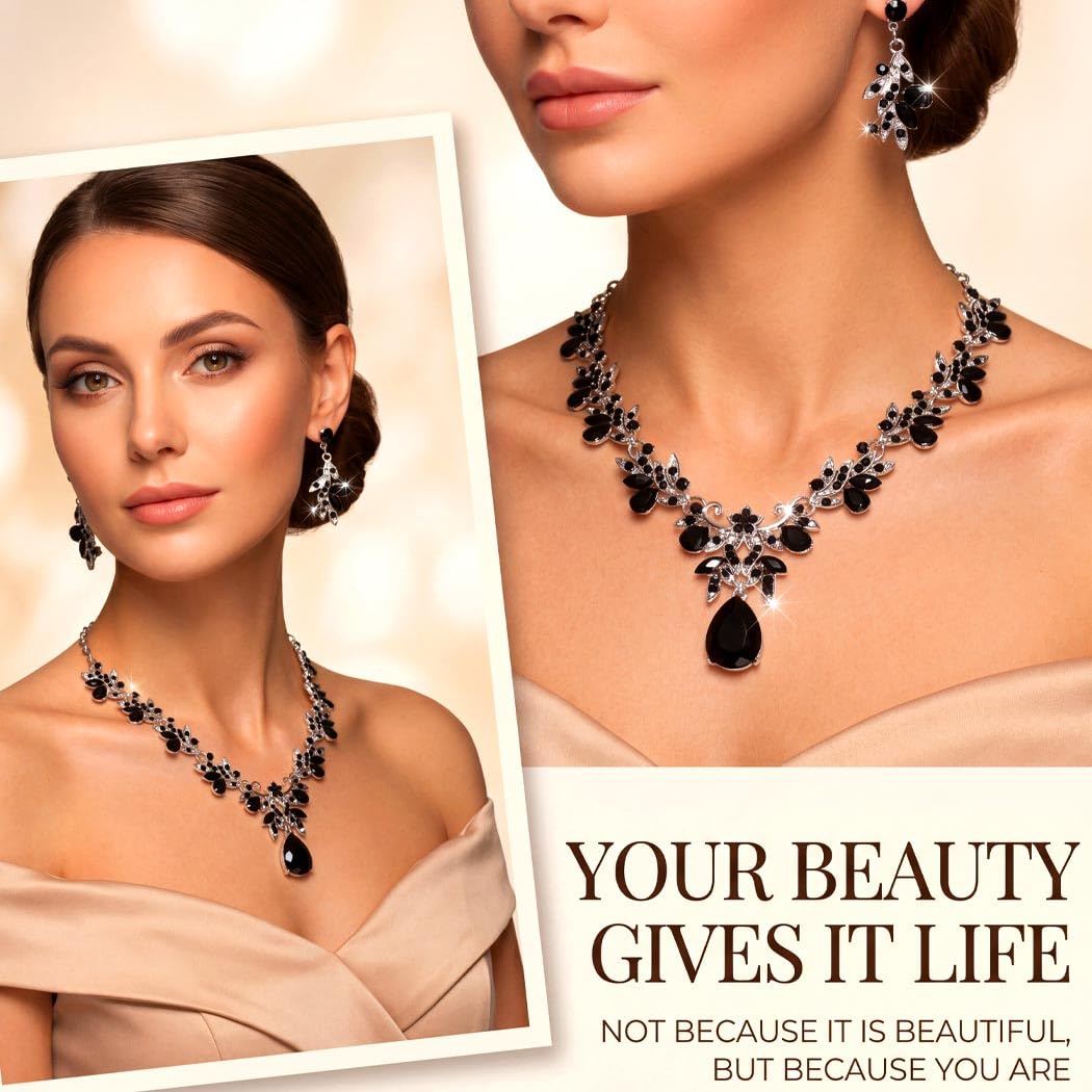 Brishow Jewelry Sets for Women Black Rhinestone Necklace Earrings Set Silver Leaf Costume Jewelry for Prom Formal Events