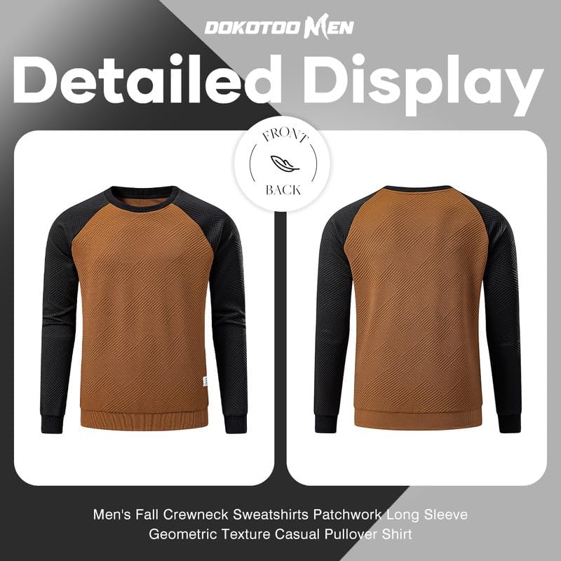 Dokotoo Men Mens Fashion Sweatshirts Fall Winter Patchwork Long Sleeve Patchwork Lightweight Casual Crewneck Pullover Sweatshirts Brown X-Large