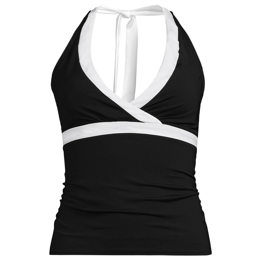 Lands' End Women's Long Torso V-Neck Halter Tankini Top X-Small Black/White