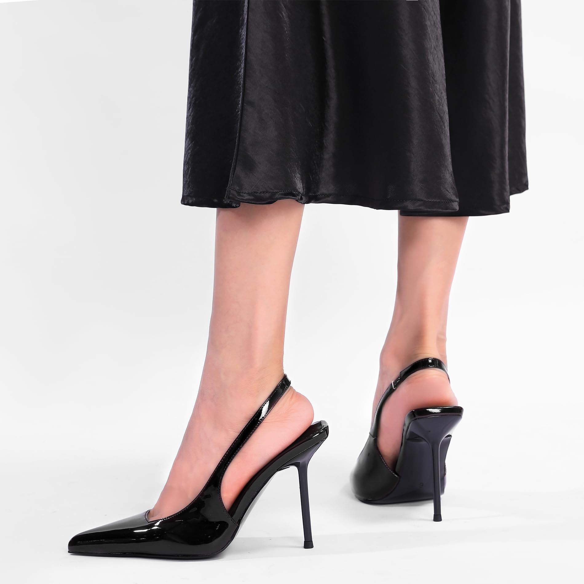 Women's Slingback Stiletto High Heels Pointed Toe Slip On Pumps Shoes Patent Leather Stretch Strap Backless Dress Heels Black