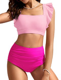 Kate Kasin Womens High Waisted Bikini Sets Ruffle Cheeky Tummy Control Full Coverage Push Up Color Block Modest Two Piece Swimsuits