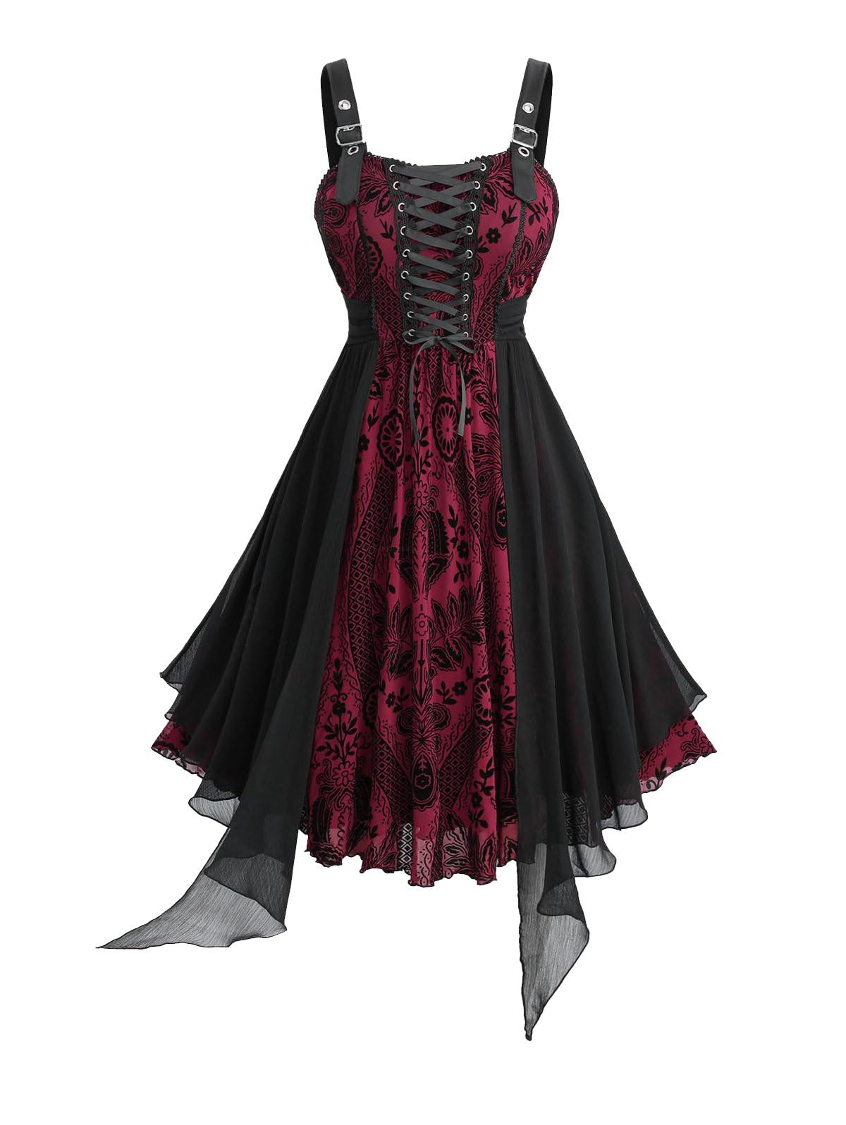 ROSE GAL Plus Size Womens Vintage Goth Midi Dress Flower Flocking Lace-up Buckles Straps Asymmetrical Sleeveless Gothic Dress(Red_1/1X)