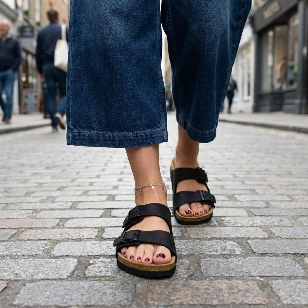CUSHIONAIRE Lane Cork Footbed Sandals for Women – Comfortable Double Buckle Slip-On with Genuine Suede Footbed & Arch Support Slides for Women Footwear, BLACK 8.5