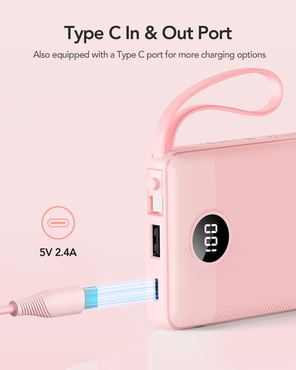 VRURC Portable Charger Power Bank, Built-in 4 Cables & 2 Ports,10000mAh Slim Battery Pack with LED Display, Travel Essential USB C Portable Phone Charger for iPhone 17 16 15, Samsung-Pink(1 Pack)