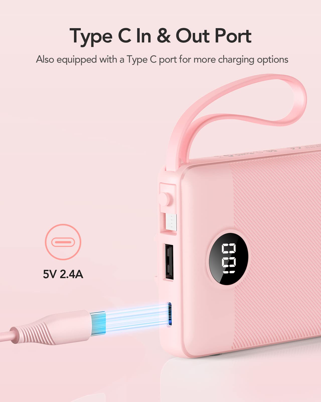 VRURC Portable Charger Power Bank, Built-in 4 Cables & 2 Ports,10000mAh Slim Battery Pack with LED Display, Travel Essential USB C Portable Phone Charger for iPhone 17 16 15, Samsung-Pink(1 Pack)
