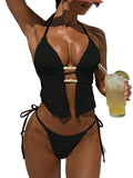 ZAFUL Halter Swimsuits for Women Textured Backless 2 Piece Bathing Suits Cheeky High Cut String Tie Side Bikini Sets 0-Black S