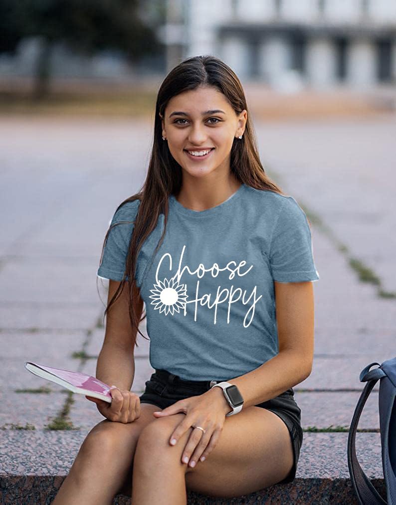 Graphic Tees for Women Choose Happy Letter Print Shirts Sunflower Women T Shirt Inspirational Short Sleeve Casual Tops Blue-XXL