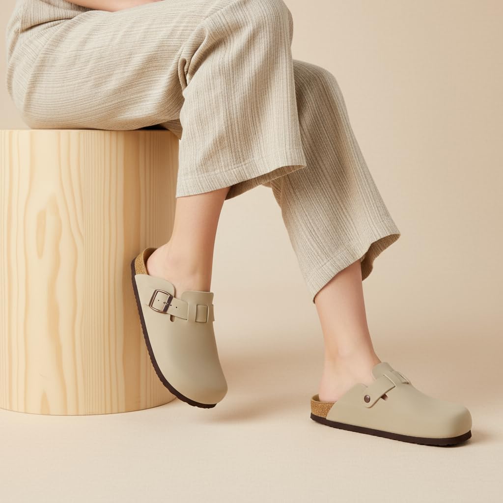 CUSHIONAIRE Hana Womens Clogs | Comfortable Vegan Suede Clogs for Women | Slip On Potato Shoes with Cork Footbed & Arch Support, Stone 7W