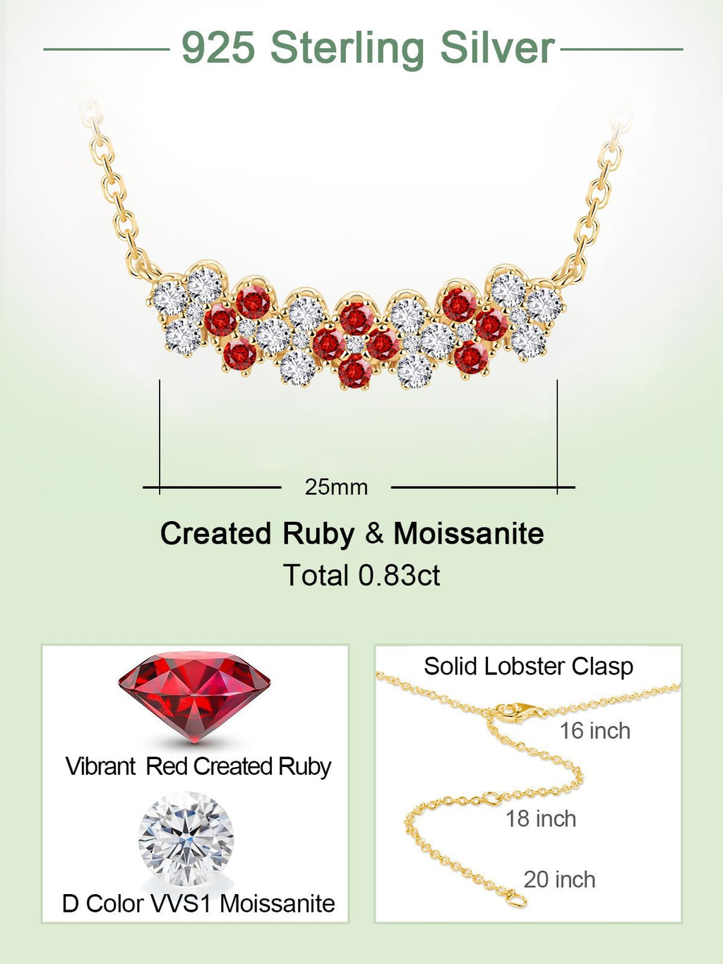 Ruby Bar Necklace for Women Grilfriend Moissanite 925 Silver Gold Plated Diamond Red Flower Floral Necklace