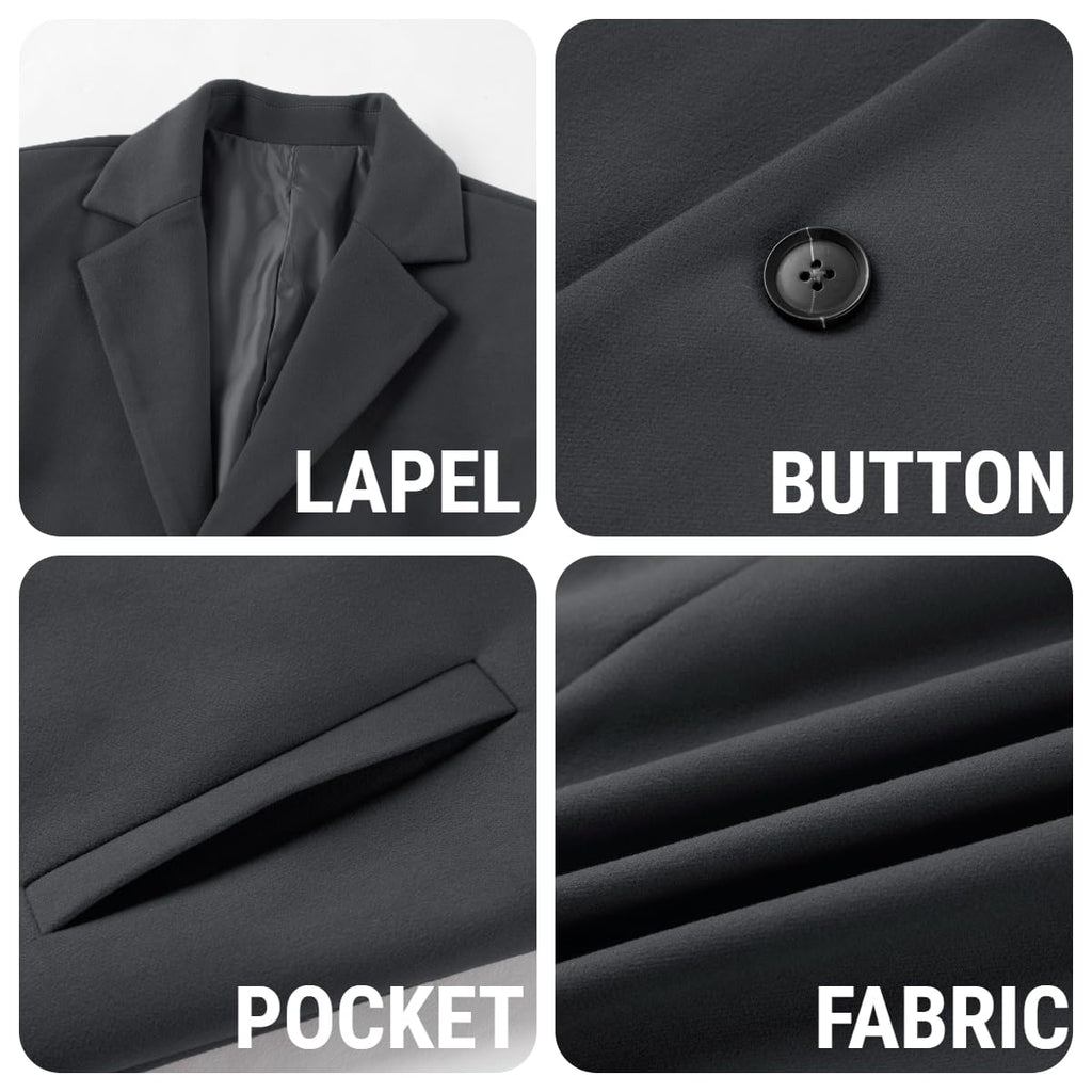 PASLTER Mens Trench Coat Slim Fit Notched Collar Fall Winter Single Breasted Pea Coat Warm Soft Overcoat