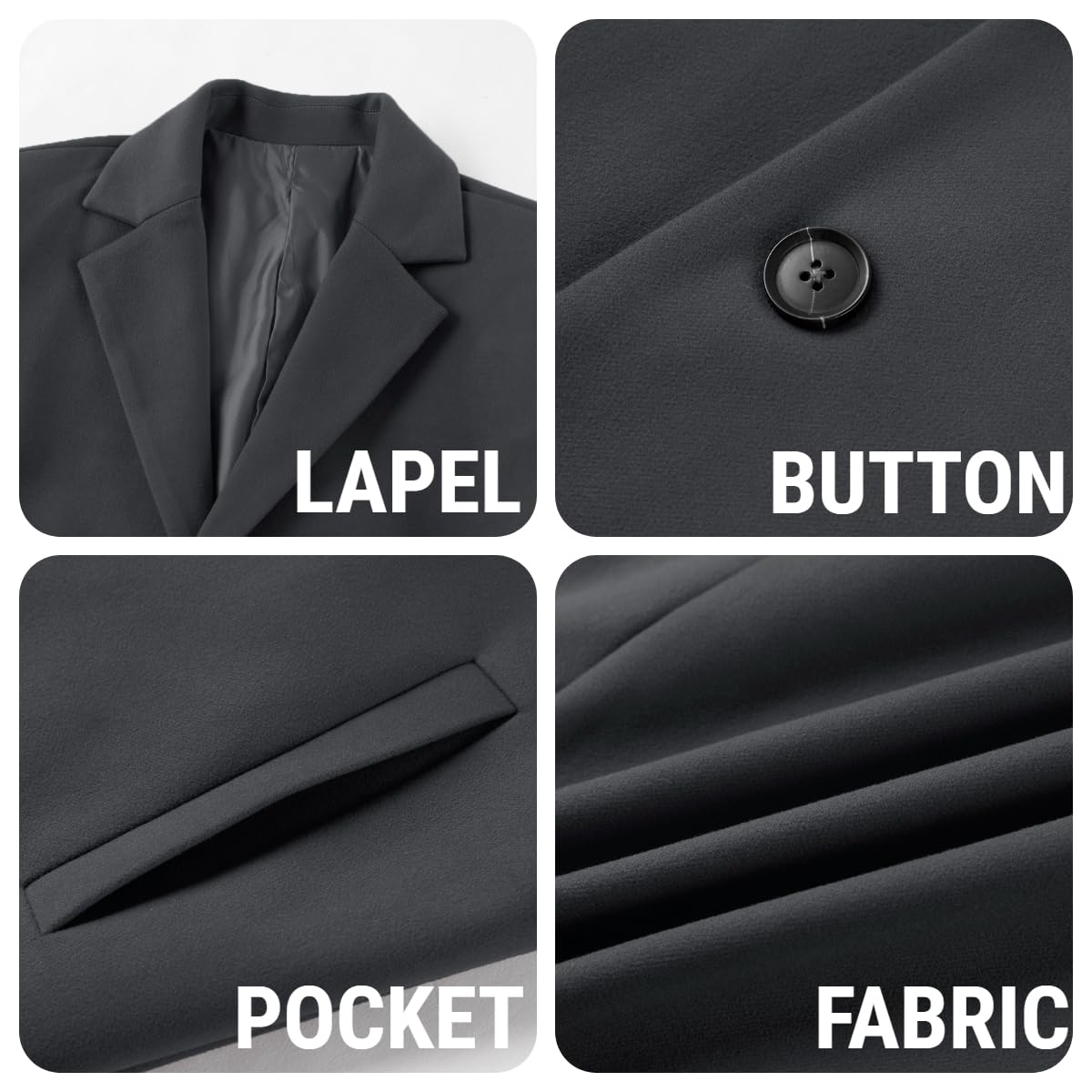 PASLTER Mens Trench Coat Slim Fit Notched Collar Fall Winter Single Breasted Pea Coat Warm Soft Overcoat