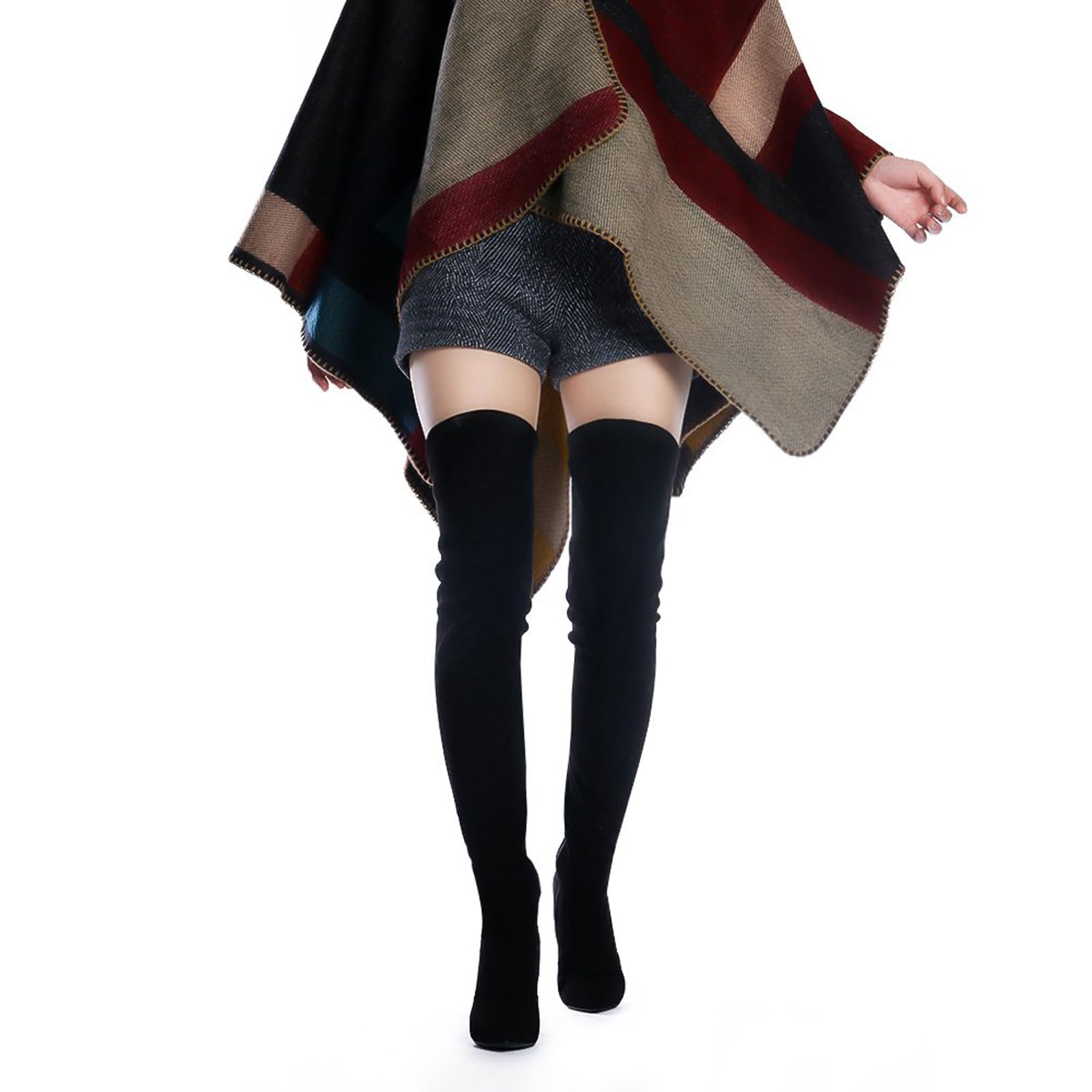 Shoe'N Tale Women Stretch Suede Chunky Heel Over The Knee Boots Thigh High for Women (7.5,Suede Black)