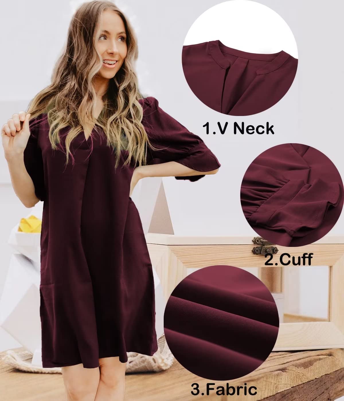 QACOHU Women's Ruffle Short Sleeve V-Neck Straight Casual Casual Elegant Solid Color Simple Dress Red Wine L