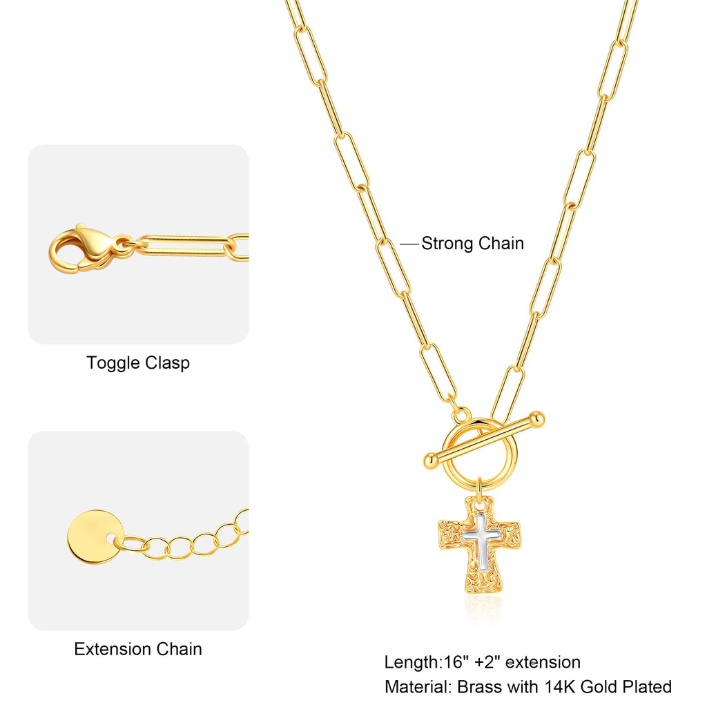 Treasure Bender Cross Necklace for Women Trendy -14K Gold Plated Chunky Gold Silver Cross Pendant Necklace Waterproof Non Tarnish Jewelry Christian Gift for Women