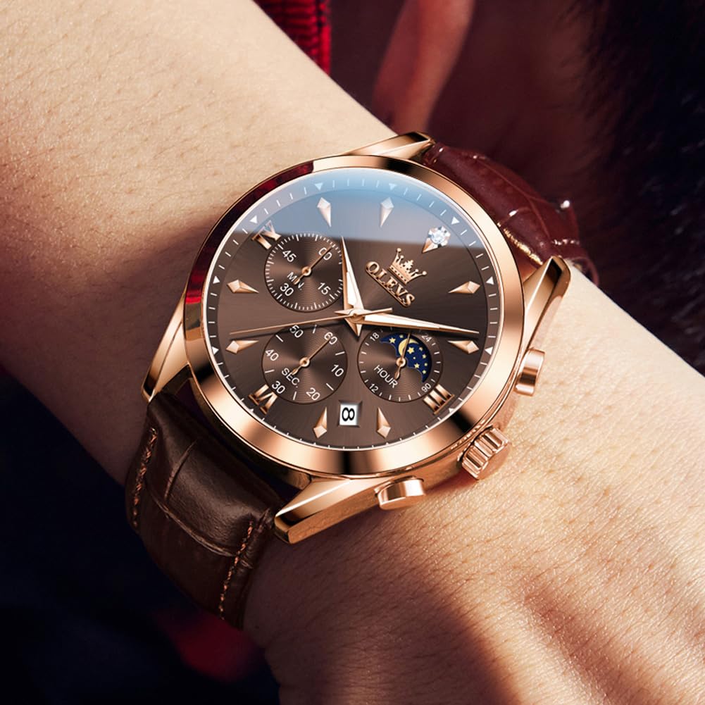 OLEVS Brown Watches for Men Classic Multifunction Chronograph Mens Watches Moon Phase Luminous Waterproof Dress Men's Wrist Watch Luxury Analog Quartz Date Relojes para Hombres