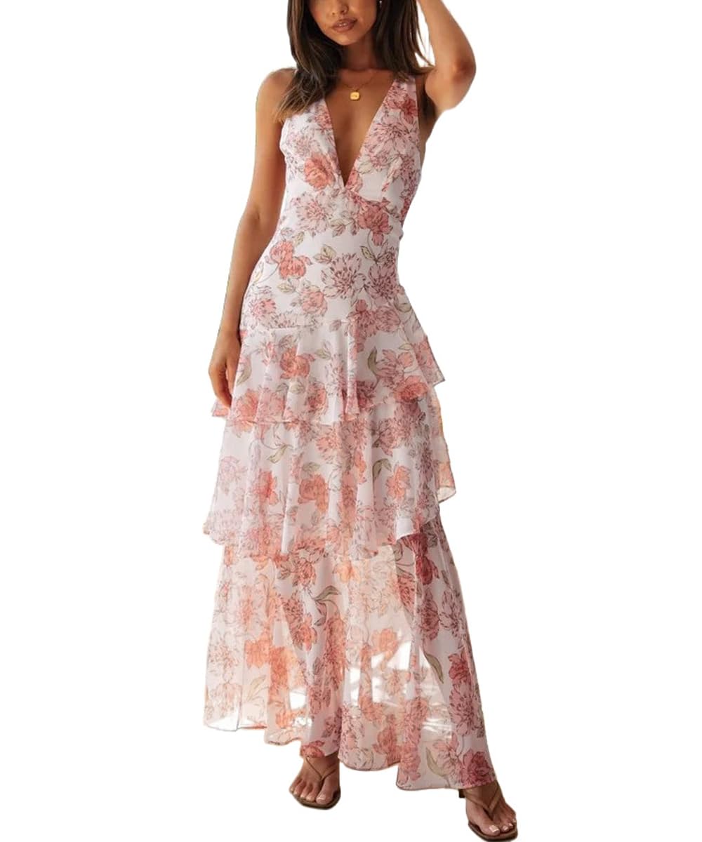 Women's Sexy Deep V Neck Maxi Dress Floral Backless Ruffles Hem Cocktail Party Long Dresses,Floral Apricot,S
