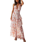 Women's Sexy Deep V Neck Maxi Dress Floral Backless Ruffles Hem Cocktail Party Long Dresses,Floral Apricot,S