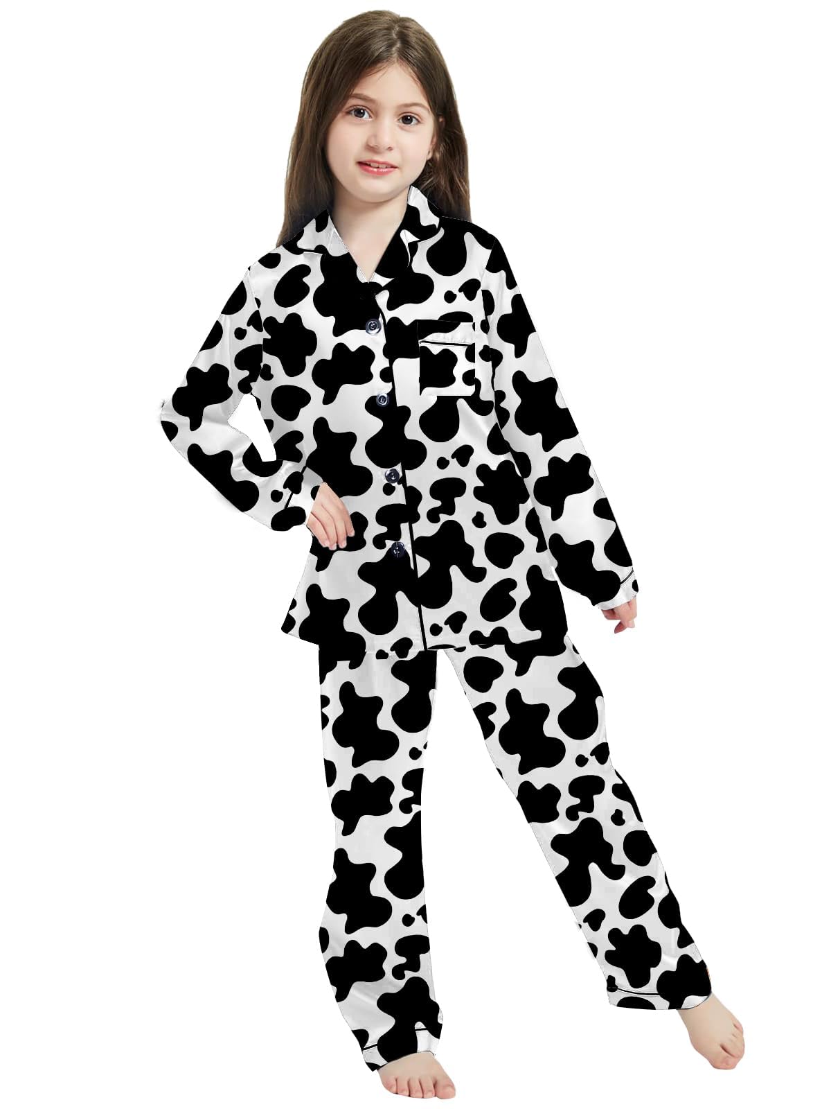 Silk Pajamas for Girls Satin Long Sleeve Button Down PJ Set Two-Piece Sleepwear for Kids, Cow Print, 4-5T