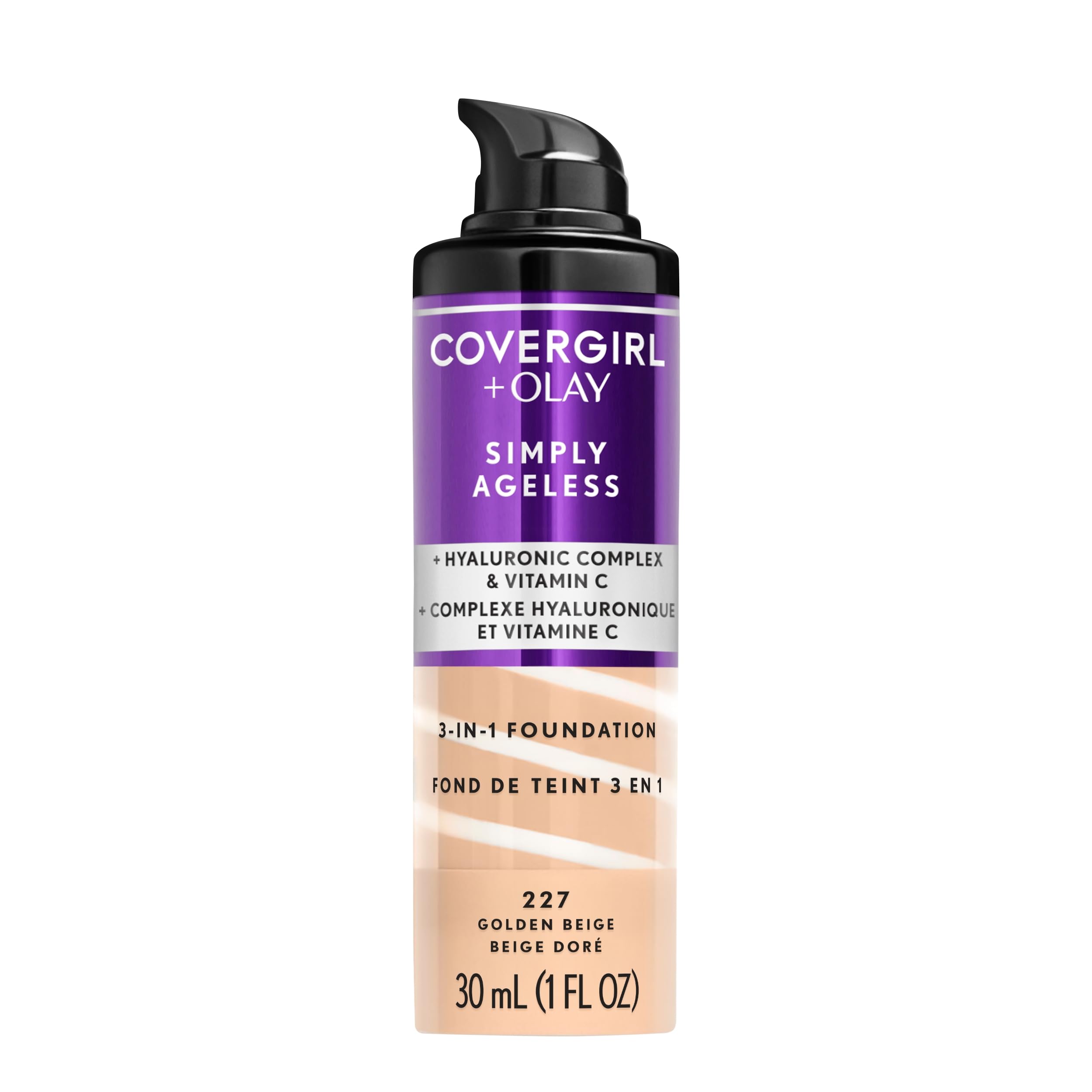 COVERGIRL & Olay Simply Ageless 3-in-1 Liquid Foundation, Matte Finish, Hyaluronic & Vitamin C Formula, 227 Golden Beige, 1 Count