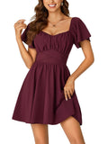 Rooscier Women's Tie Back Square Neck Wrap Ruffle Short Sleeve Flare Mini Dress Wine Red Medium