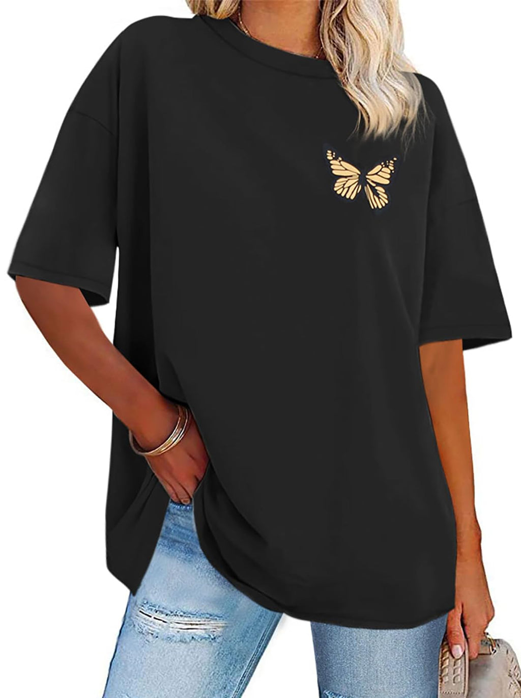 Womens Oversized Tshirt Graphic Tees Crew Neck Summer Short Sleeve Loose Fit Tops (A-Butterfly Print Black, L)