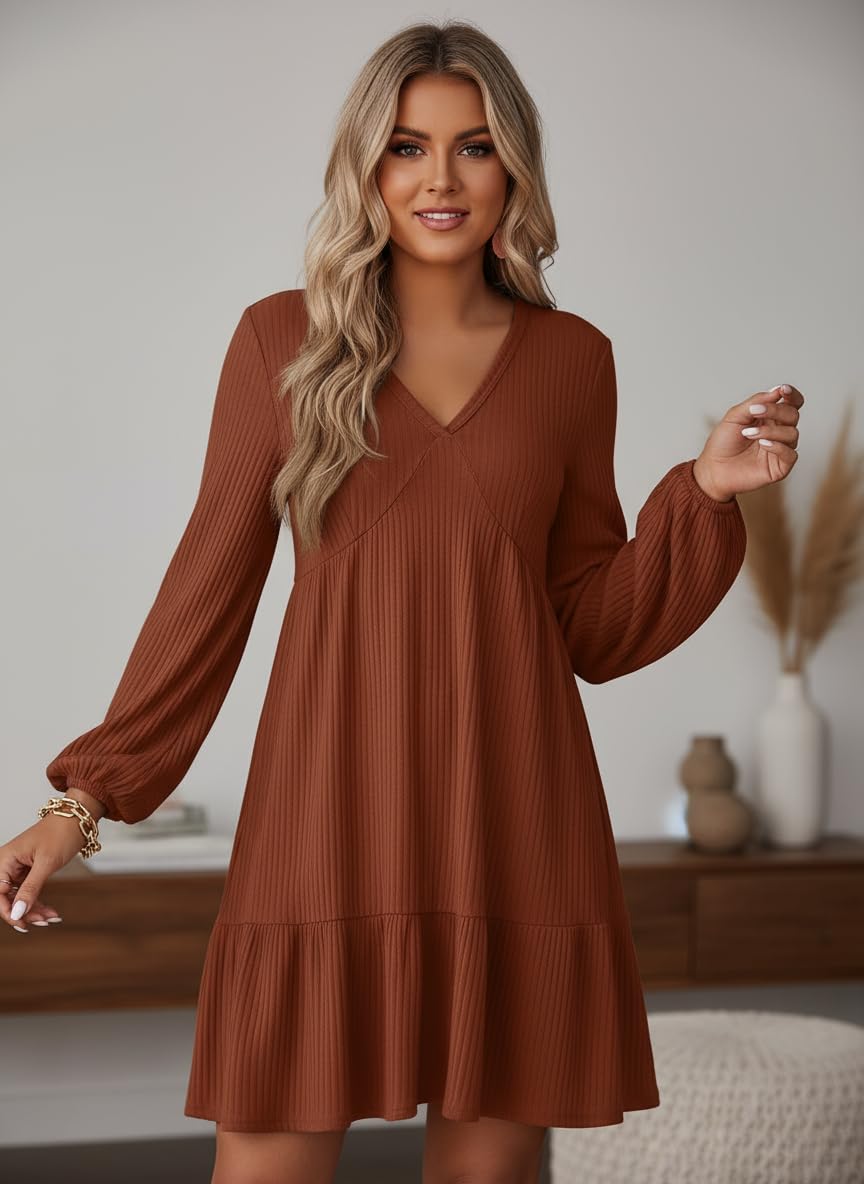 Dokotoo Wedding Guest Dresses for Women Long Sleeve V Neck Ribbed Knit Empire Waist Ruffle Tiered Casual Flowy A Line Swing Mini Holiday Party Dress Sprng Summer Outfits Fashion 2026 Brown Large