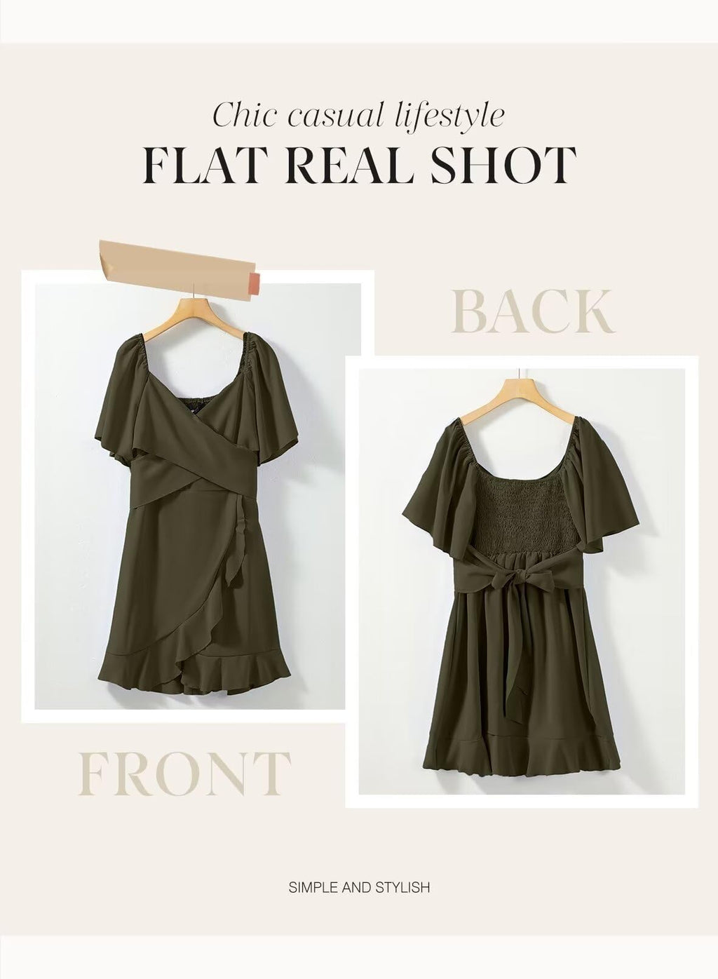 Dokotoo Women's Wrap V Neck Short Sleeve Smocked Elastic Waist Tiered Belted Ruffle Hem Mini Dress Cocktail Dresses for Women Wedding Guest Dress Moss Green L