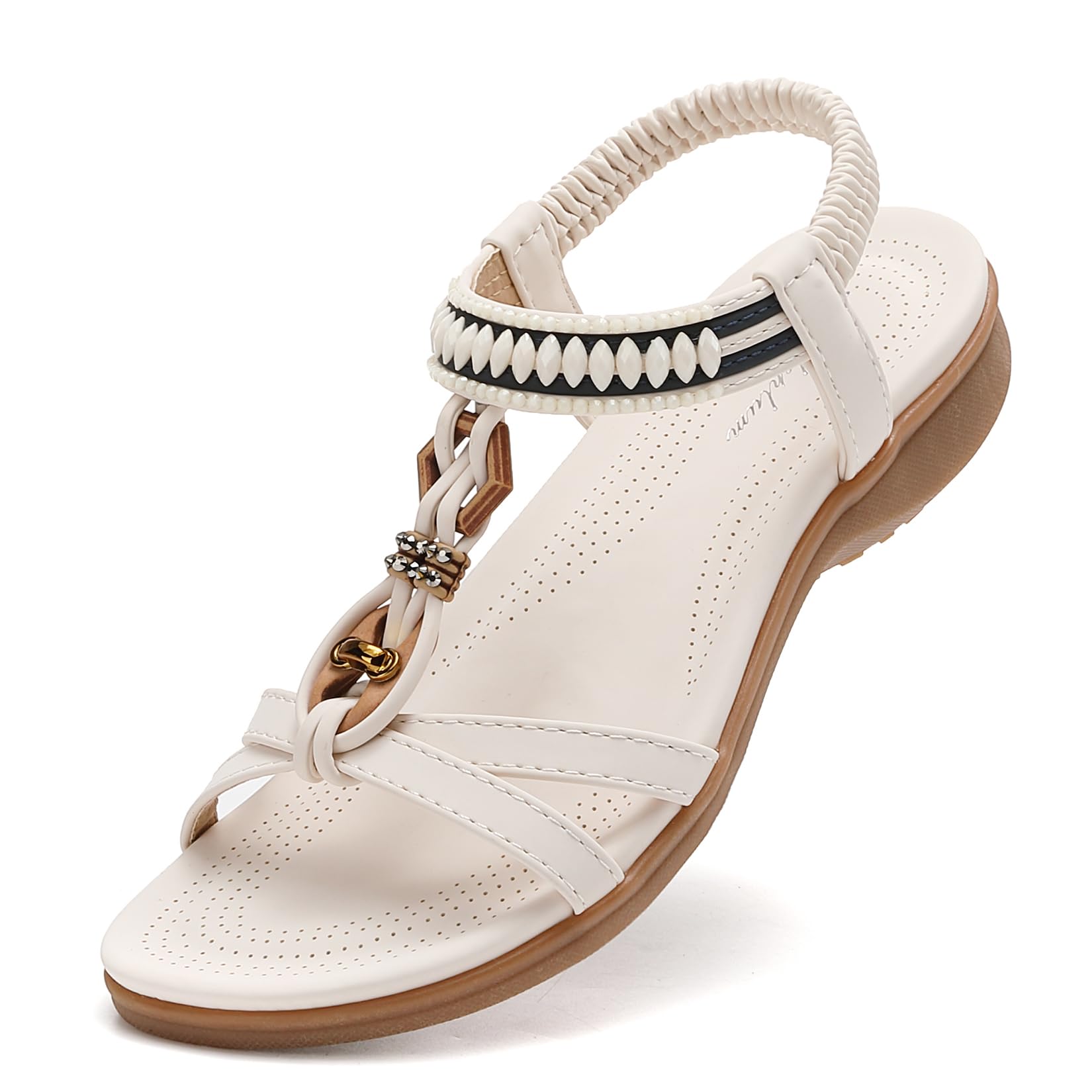 Littleplum Womens Flat Sandals Arch Support Summer Beach Sandals Comfort Walking Shoes Dress Ankle Elastic Bohemian Sandals for Women White Size 8.5