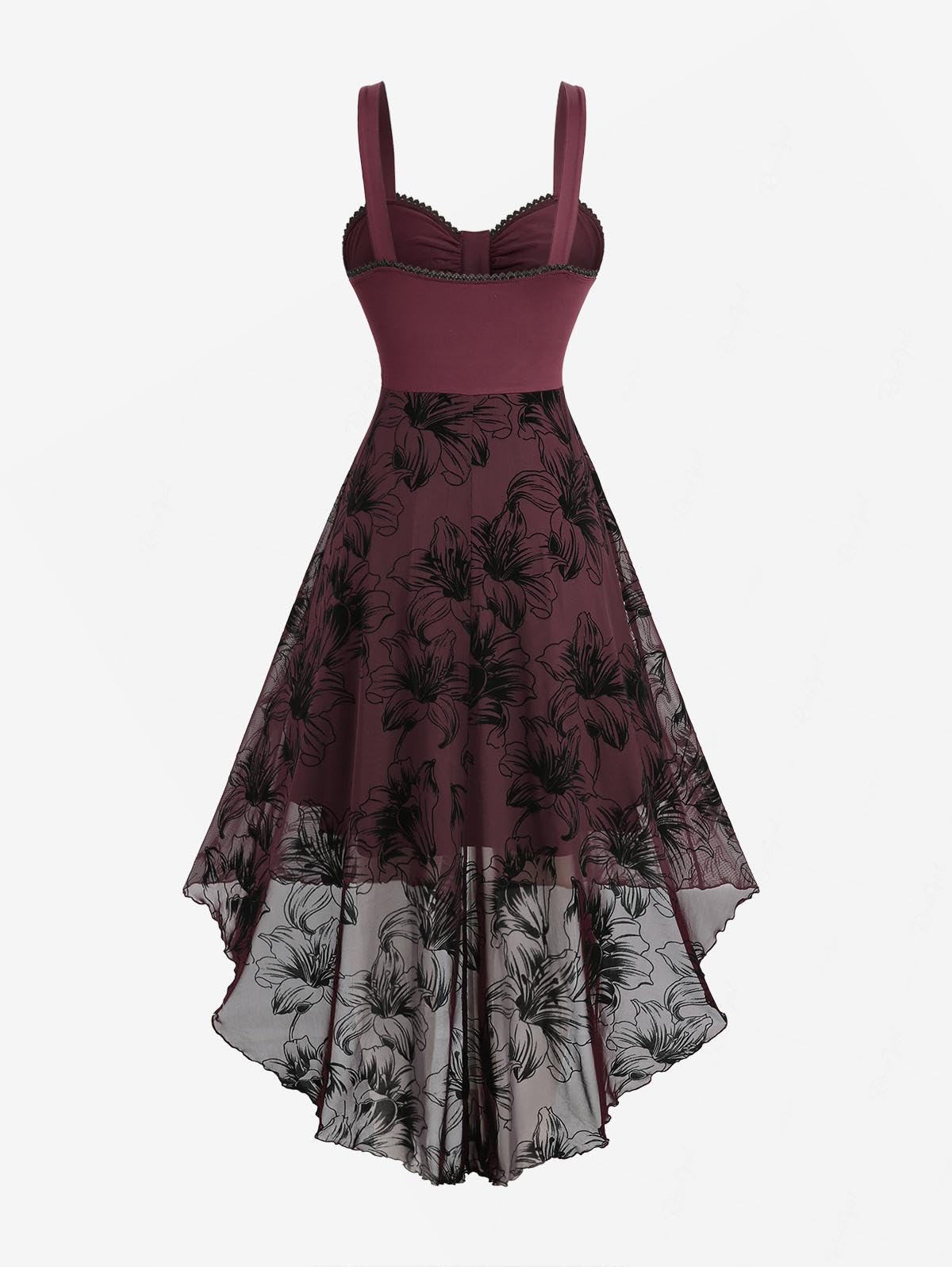 ROSE GAL Plus Size Womens Vintage Gothic Layered High Low Dress Flocking Floral Hook and Eye Lace Trime Sleeveless Backless Asymmetrical Midi Goth Dress(Red_1/2X)