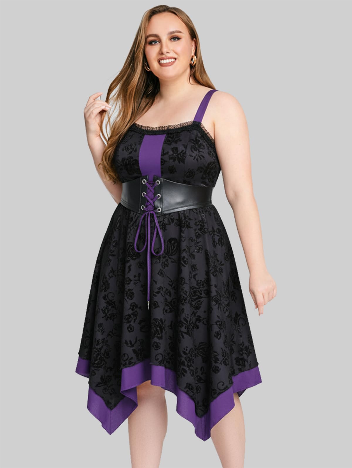 Rosegal Plus Size Women Goth Vintage Layered Handkerchief Corset Dress Ruffles Lace-up Rose Flocking Midi Gothic Halloween Witch Costume Dress(Purple_1/1X)