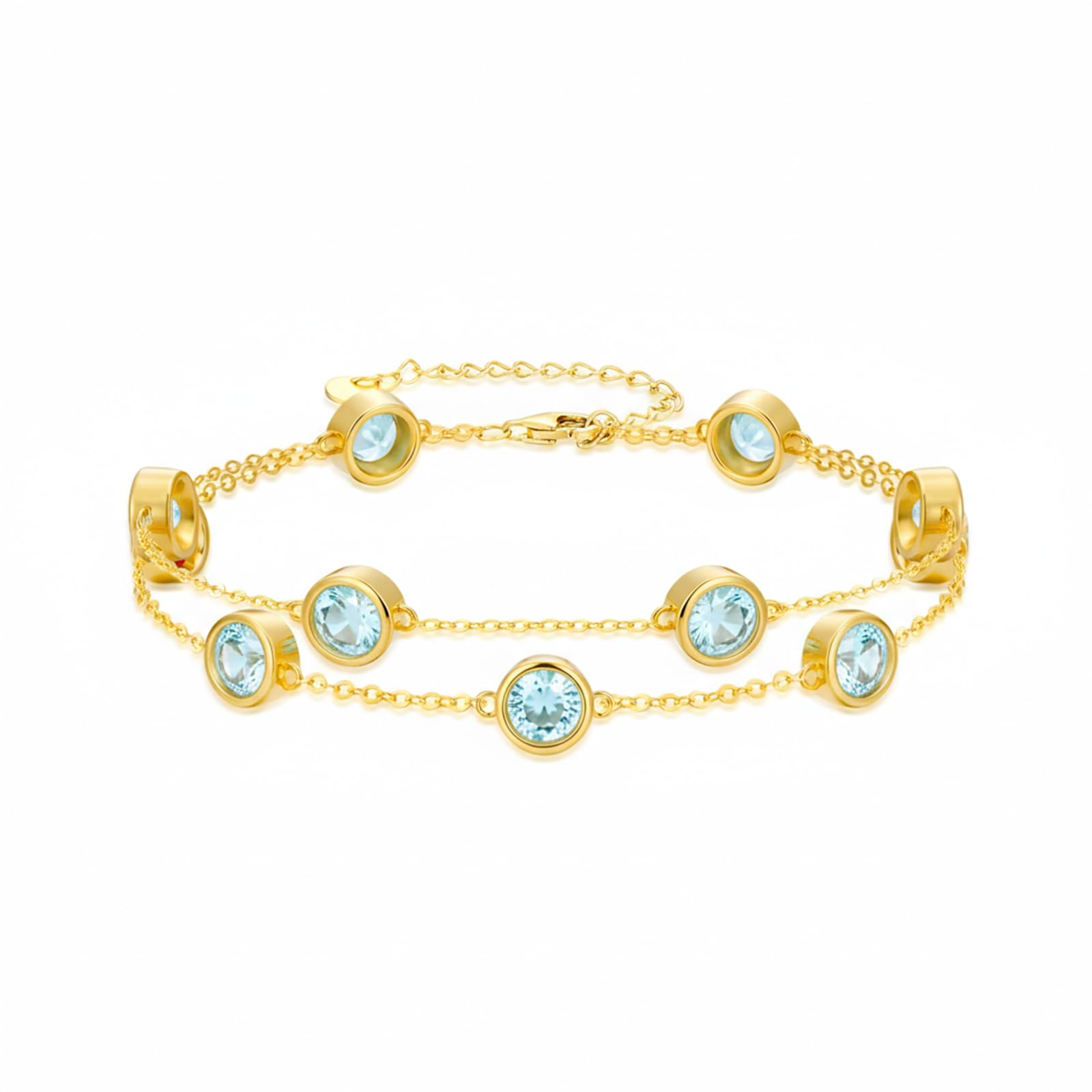 OJK Birthstone Bracelet for Women 14K Gold Aquamarine March Birthstone Bracelet Round Layered Bracelets Anniversary Birthday Jewelry Gifts for Wife Mom Her