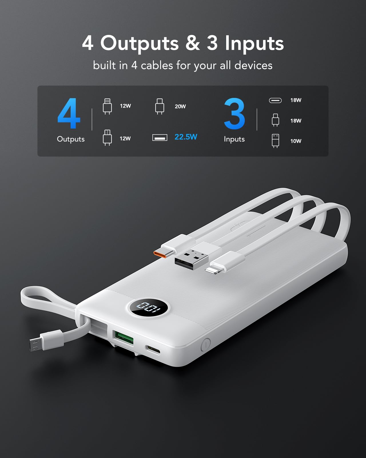 VRURC Power Bank for iPhone, 22.5W Fast Charging Phone Charge with Built-in Cables,10000mAh USB C in & Out Cord Portable Charger,Slim Lightweight Charging Bank Travel Essentail-White(1 Pack)