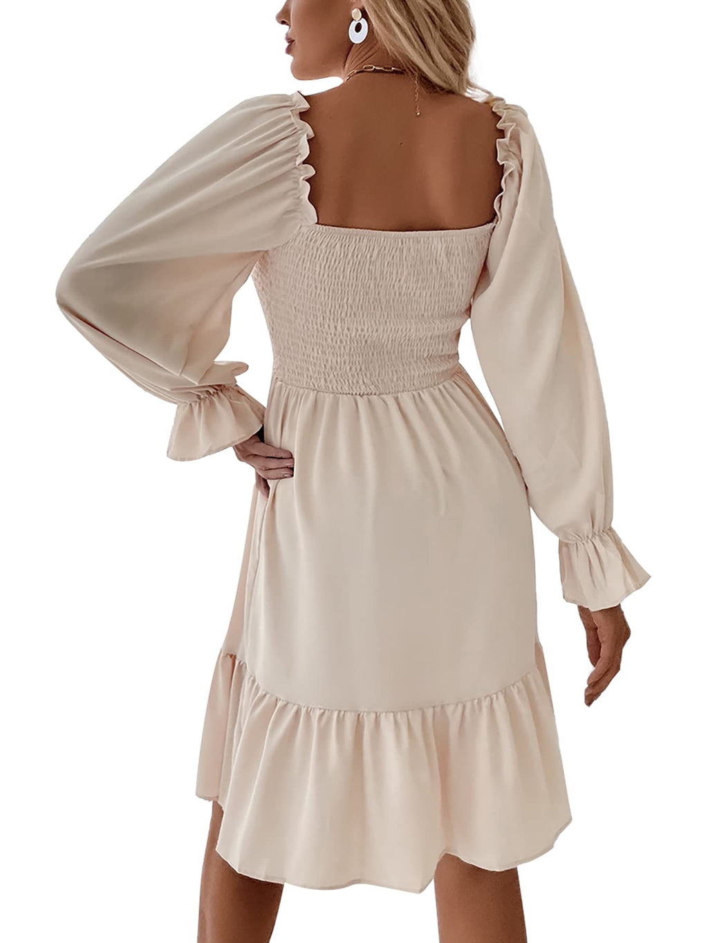 LYANER Women's Square Neck Lantern Long Sleeve Shirred Ruffle A Line Flowy Party Mini Dress Solid Beige Small