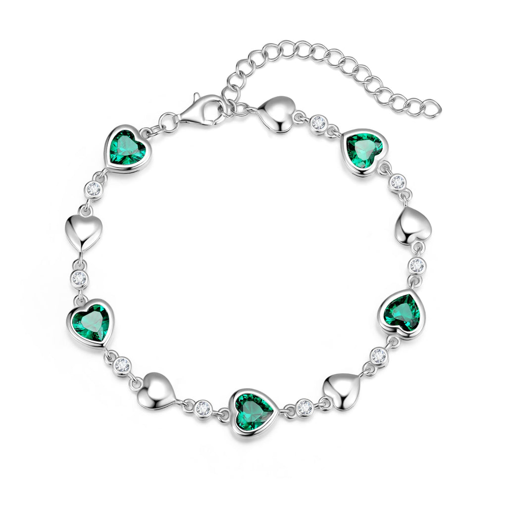Carleen May Birthstone Bracelet Sterling Silver Emerald Bracelet for Women Heart Station Tennis Bracelet Jewelry Gifts Valentines Day Gifts for Women