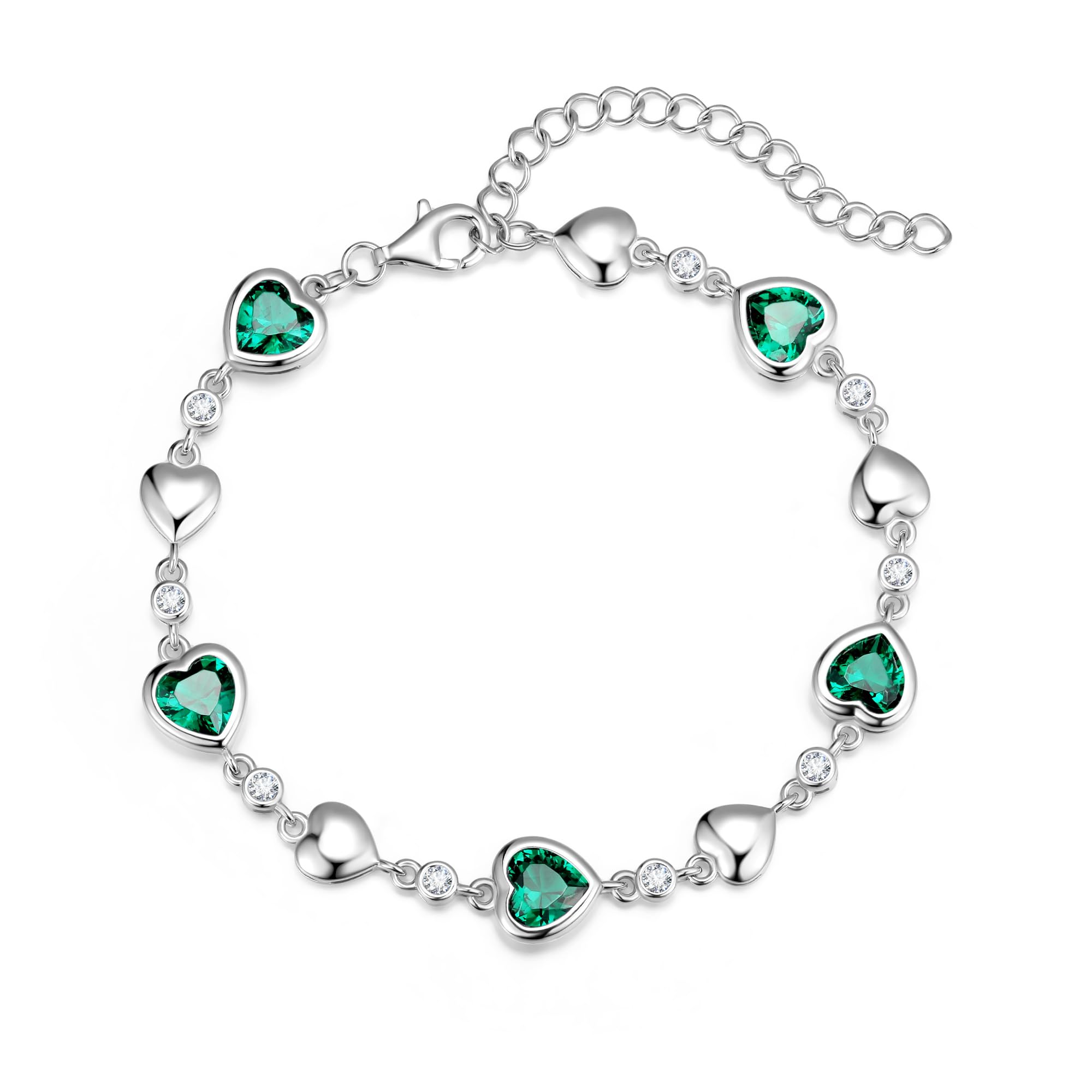 Carleen May Birthstone Bracelet Sterling Silver Emerald Bracelet for Women Heart Station Tennis Bracelet Jewelry Gifts Valentines Day Gifts for Women