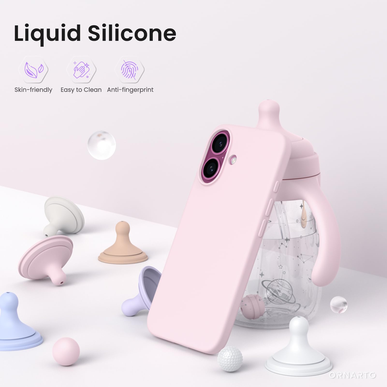 ORNARTO Compatible with iPhone 16 Case 6.1", Slim Liquid Silicone 3 Layers Full Covered Soft Gel Rubber Shockproof Phone Case, Protective Cover with Anti-Scratch Microfiber Lining-Chalk Pink