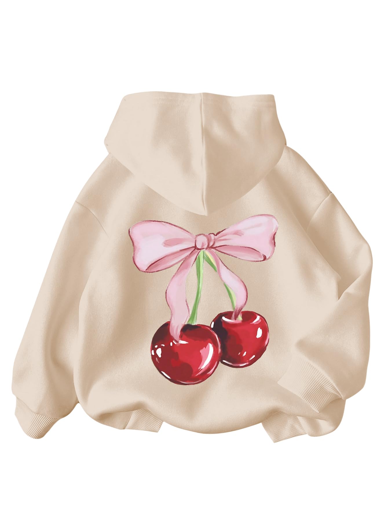 WDIRARA Girl's Cherry Graphic Hoodie Long Sleeve Hooded Sweatshirt Cute Pullovers Tops Apricot 7Y