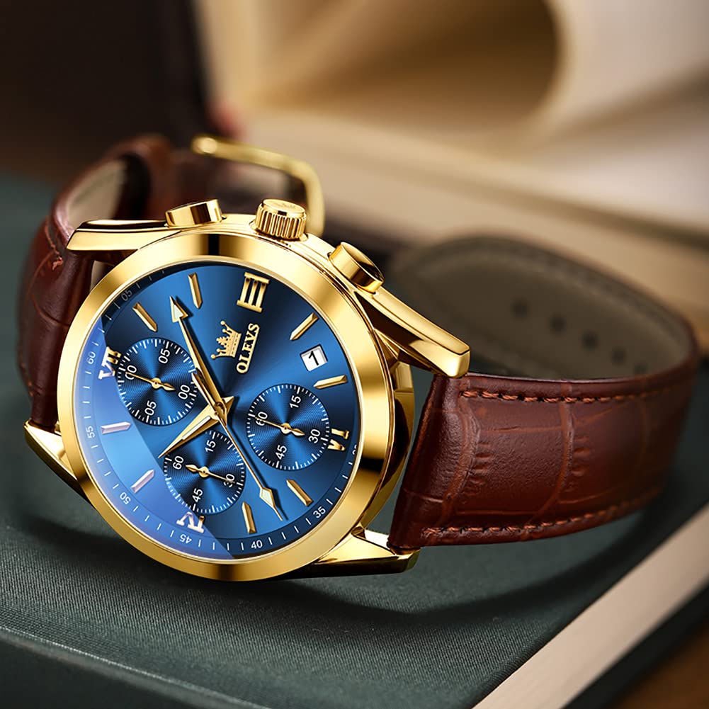 OLEVS Brown Leather Watch for Men Stainless Steel Large Face Quartz Wrist Watches Roman Number Luxury Mens Water Resistant Chronograph Watch Calendar Display Classic Blue Men's Cuff Watches Easy Wear