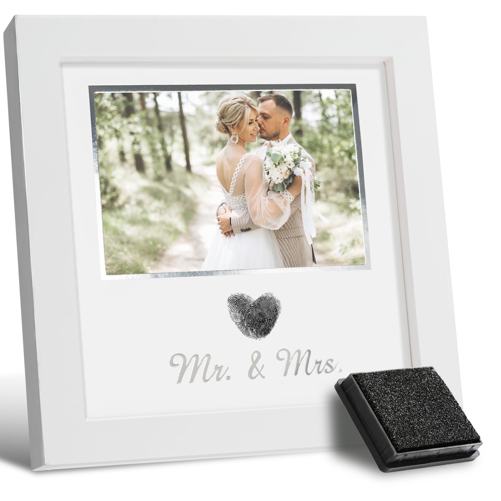 SEEBERY Heart Thumbprint Wedding Picture Frame with Ink Kit, Engagement Gifts for Couples Keepsake Wedding Registry Search Personalized Bridal Shower Gifts for Mr And Mrs Newlywed (White)